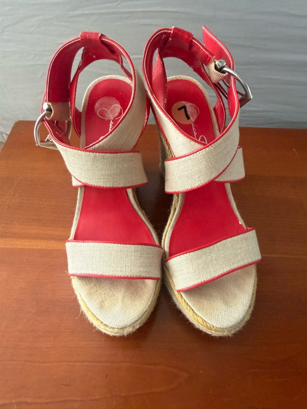 Jessica Simpson Beige Canvas Wedge Sandals with Red Trim